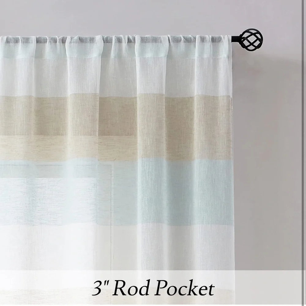 Spa Blue and Tan Stripe Sheer Curtains Coastal Color Block 40